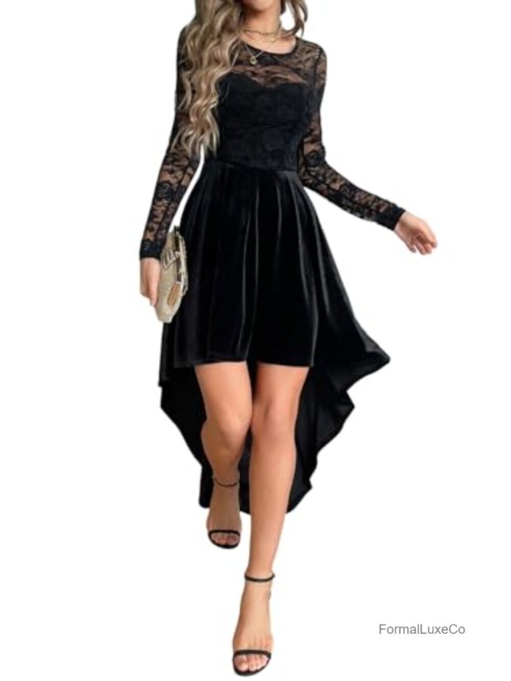 Velvet Lace Sleeve High Low Gothic Cocktail Wedding Dress